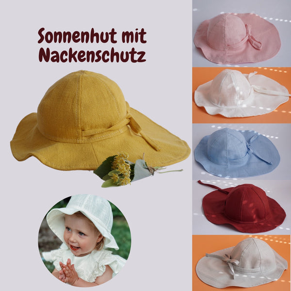 Sonnenmütze mit Nackenschutz für Mädchen, Sonnenhut, Sommerhut, Leinen Sonnenmütze - BabyDom